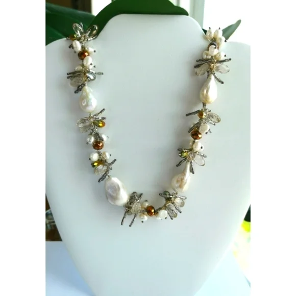 LUXURIOUS White Baroque Pearl Swarovski Crystal long short necklace - Picture 4 of 7